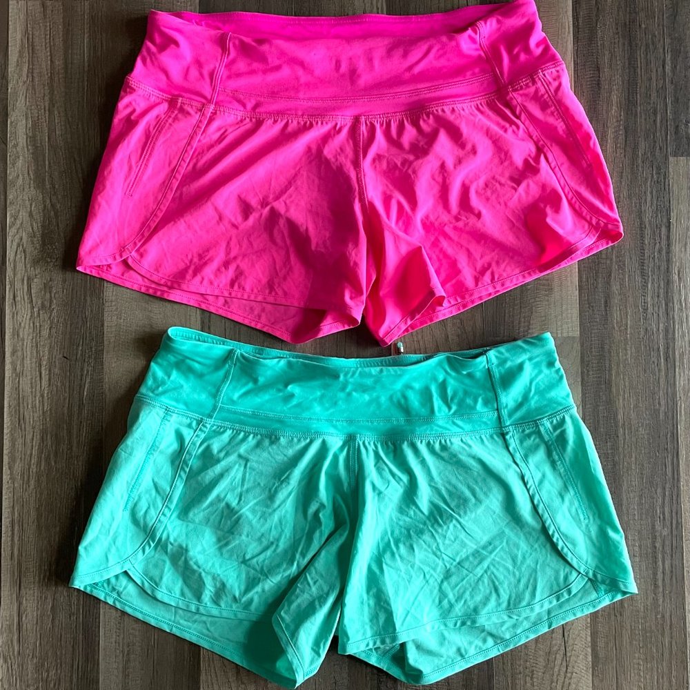 EUC 2 pc Sz 8 4" Inseam Lululemon Athletica Shorts Bright Turquoise and Pink
